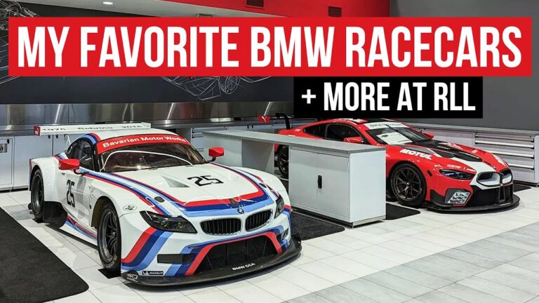 Two BMW racecars displayed in a showroom with a red banner above reading "My Favorite BMW Racecars + More at RLL.