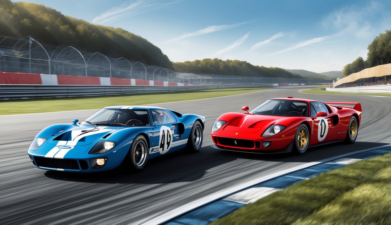 The Ford GT40 and Ferrari race side by side on a winding track, engines roaring as they compete in the ultimate rivalry