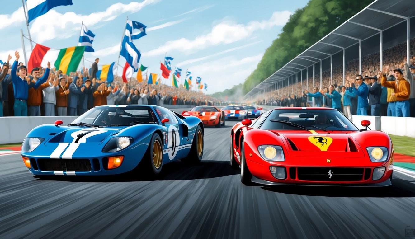 The Ford GT40 and Ferrari race cars speed side by side, with crowds cheering and flags waving in the background